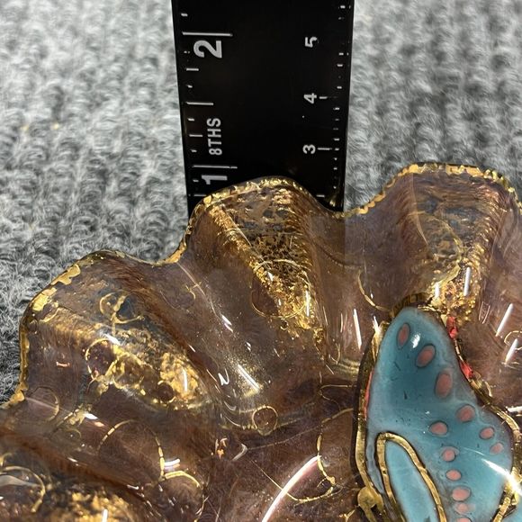 Butterfly Dish Glass 5.5” Ashtray Ruffled Trinket Holder Handpainted‎ Blue Brown - Picture 8 of 8